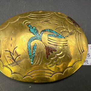 Vintage Navajo Bird Brass Belt Buckle Signed RK Coral And Turquoise Inlay